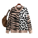 Autumn and Winter New European and American Foreign Trade Hot selling Amazon Sweater Leopard Pattern Combination Knitwear Pullover Sweater
