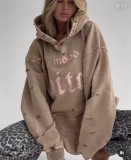 Autumn lazy loose pocket jacket with American street style distressed, washed and tattered letter print hoodie for women