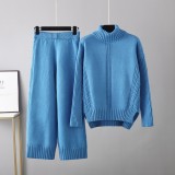 High necked pullover, thickened knitted sweater, casual fashion set, women's autumn and winter loose and lazy style wide leg pants two-piece set
