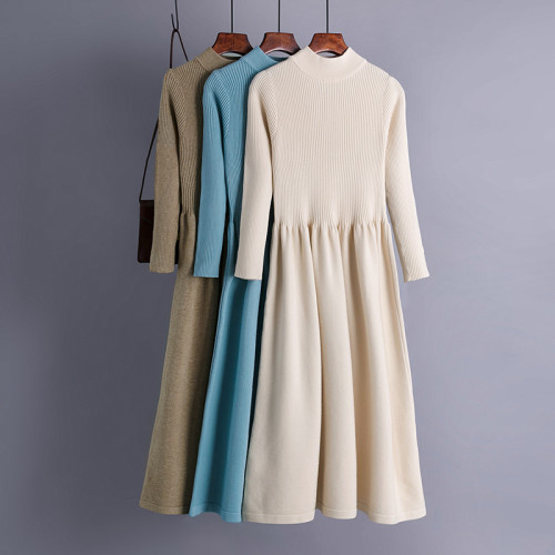 Autumn and winter half high neckline large hem long knitted dress with a slim waist and long sleeves, simple and elegant sweater bottom skirt for women