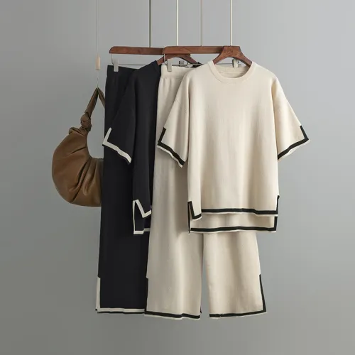 New fashion set with contrasting color split short sleeved knitted sweater and high waisted slim wide leg pants, two-piece set