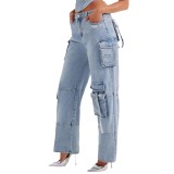 Cross border European and American new personalized multi pocket wide leg workwear pants for women in autumn, slimming and versatile straight leg jeans for women
