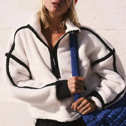 European and American short drawstring patchwork contrasting color lamb cashmere jacket for women's autumn and winter loose half zipper pullover plush top