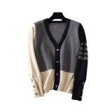 TB Academy Style Classic Knitted Cardigan Women's 1 Autumn V-neck Color Block Thick Long sleeved Sweater Coat