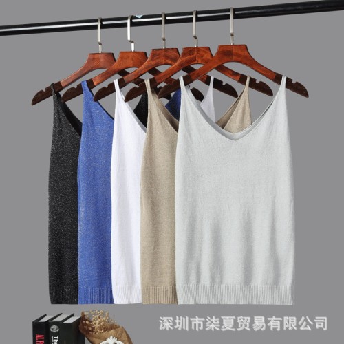 Hanging strap women's summer Korean version sexy V-neck slim fit shiny silk knitted vest, sleeveless T-shirt for outerwear, base shirt, top trendy