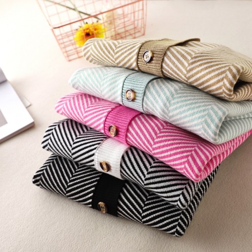 Spring and Autumn New Korean Single breasted Cardigan Women's V-neck Contrast Loose Striped Sweater Coat Long sleeved Top