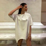American Love Diamond Short sleeved T-shirt for Women with Irregular Drop Shoulder Hem Design Medium Length Trendy Top for Outwear