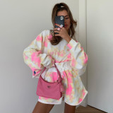 Early spring casual suit for women, fashionable long sleeved short top with waistband tied shorts, tie dyed two-piece set for women