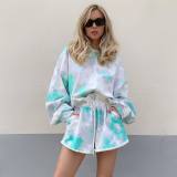 Early spring casual suit for women, fashionable long sleeved short top with waistband tied shorts, tie dyed two-piece set for women