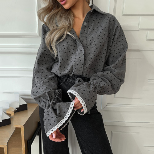 New foreign trade cuffs, lace patchwork shirts, fashionable and loose polka dot long sleeved shirts for women in autumn