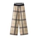 Retro plaid wide leg pants for women in autumn and winter, Korean version of high waisted straight leg pants, loose and thickened knit casual pants for external wear