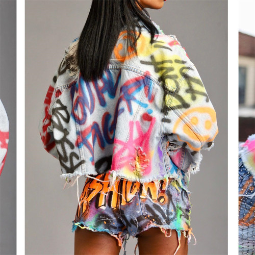 American Street Personality Colorful Letter Graffiti Denim Coat Women's Autumn Loose Short Fur Ragged Top