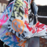 American Street Personality Colorful Letter Graffiti Denim Coat Women's Autumn Loose Short Fur Ragged Top