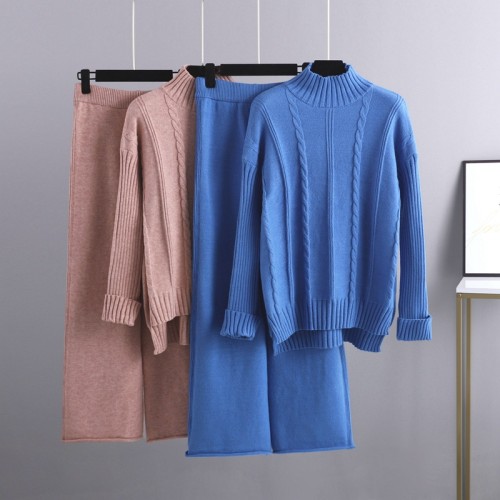 High end half high necked sweater wide leg pants set for women, European goods, autumn and winter new fashion, age reducing knitted two-piece set