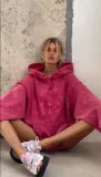 Autumn lazy loose pocket jacket with American street style distressed, washed and tattered letter print hoodie for women