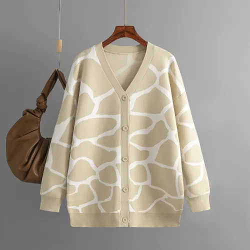 European and American New Women's Cross border Autumn/Winter Jacquard Knitwear V-neck Long Line Pattern Loose Coat