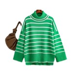 Autumn and winter knitted sweater pullover with contrasting stripes, high necked sweater, loose casual women's clothing, European and American cross-border