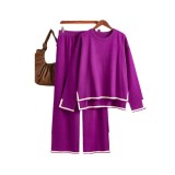 Autumn and Winter New Style Contrast Color Split Long Sleeve Knitted Set High Waist Slim Wide Leg Pants Two Piece Set