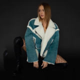 Maillard style warm autumn and winter lamb wool jacket jacket, women's lapel patchwork long sleeved zippered short top