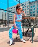 Cross border foreign trade children's clothing, sexy vest for girls, printed suspender, color patchwork pants, long pants set, ins