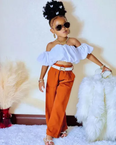 Cross border children's clothing one shoulder pleated bubble sleeve suit pants, straight leg pants, floor mop pants set ins