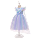 Amazon Ice and Snow Fantasy 2 Sequin Cloak Detachable Mesh Tail Fluffy Princess Elsa Flying Sleeves Flower Children's Dress