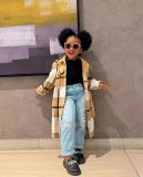 Cross border children's clothing autumn jacket plaid color blocking collar frosted long sleeved top trendy long cardigan