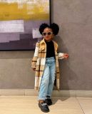 Cross border children's clothing autumn jacket plaid color blocking collar frosted long sleeved top trendy long cardigan