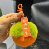 Mini cute real otter rabbit hair small persimmon car keychain pendant wholesale plush ball book bag pendant gift