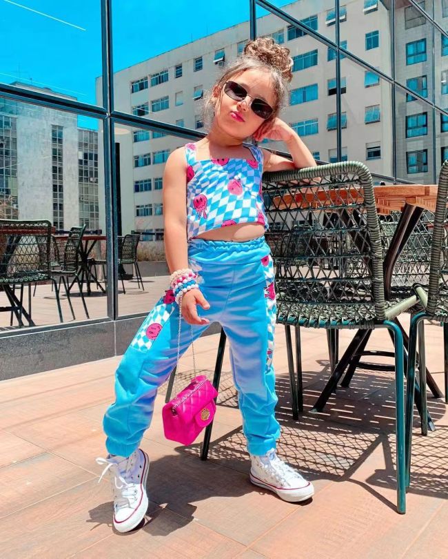 Cross border foreign trade children's clothing, sexy girl vest, printed suspender, color patchwork guard pants, long pants set