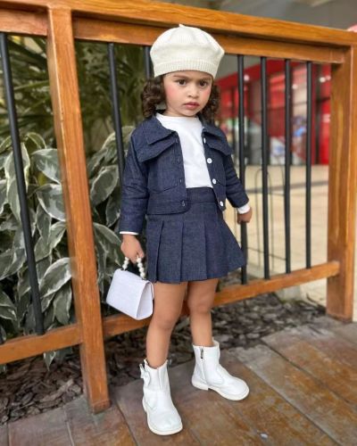 Cross border children's clothing autumn girl new soft denim skirt college style long sleeved top pleated skirt set