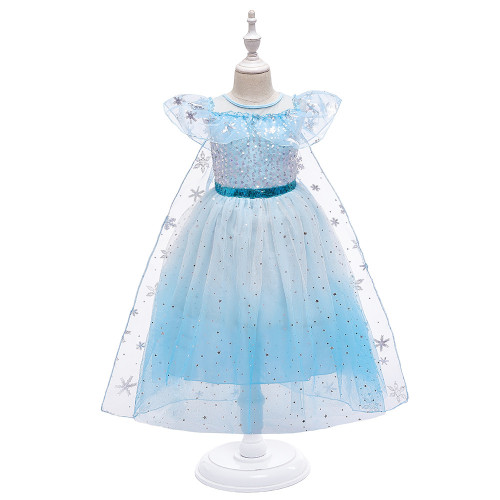 Cross border Ice and Snow Romance 2 Princess Elsa Sequins with Cloak, Mesh, Fluffy Children's Performance Dress