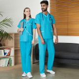 Large size short sleeved V-neck nurse suit split care set, navy blue sweat absorbing brush hand suit, dental work surgical gown, male