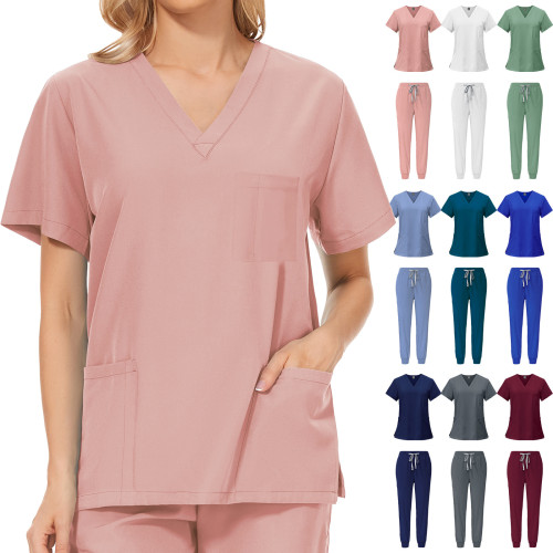 New summer leisure female doctor beauty clinic nurse work uniform short sleeved long pants frosted set for cross-border foreign trade