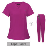 Amazon Elastic Surgical Clothing Wholesale V-neck Short Sleeve Hospital Nurse Clothing Set Women's Operating Room Handwashing Clothes in Stock