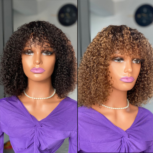 Curly Fringe Human Hair Wigs with Banks