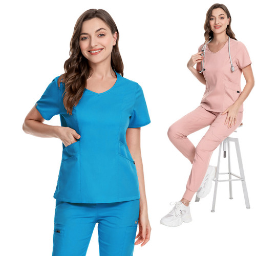Amazon Leisure Elastic Handwashing Clothes Beauty Salon SPA Doctor Surgical Clothing Set Short sleeved V-neck Dental Nurse Clothing