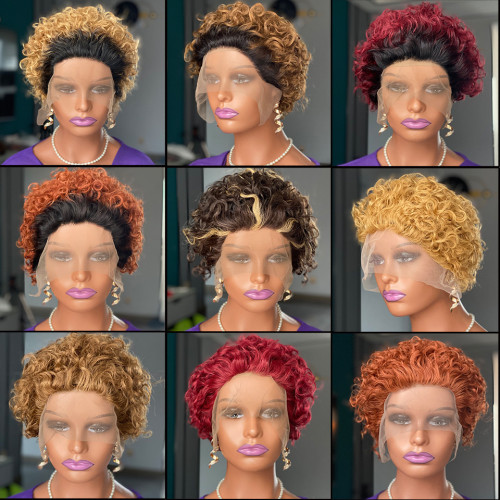 Highlight Brown Curly pixie cut lace wig human hair