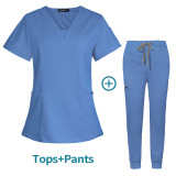 Wholesale of V-neck split surgical suit for women in factories, hospital brush hand clothing, elastic short sleeved nurse work clothes, printing