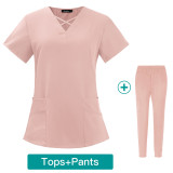 Foreign trade elastic quick drying work clothes doctor and nurse short sleeved summer thin comfortable and breathable hand wash clothes two-piece set