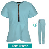 Women's slim fitting nurse uniform, elastic professional work clothes, short sleeved V-neck wash hand clothes, high-quality summer split suit