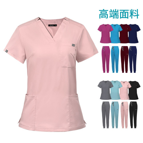 Amazon Elastic Surgical Clothing Wholesale V-neck Short Sleeve Hospital Nurse Clothing Set Women's Operating Room Handwashing Clothes in Stock