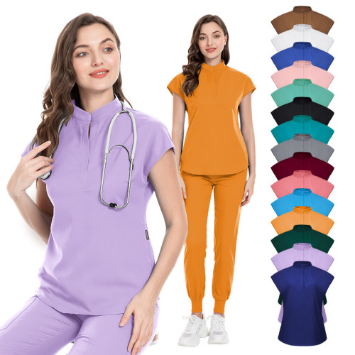 15 color medical uniform, scrub and care pants, elastic standing neck nurse uniform, jogging work uniform, Amazon shipping