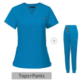Amazon Elastic Surgical Clothing Wholesale V-neck Short Sleeve Hospital Nurse Clothing Set Women's Operating Room Handwashing Clothes in Stock
