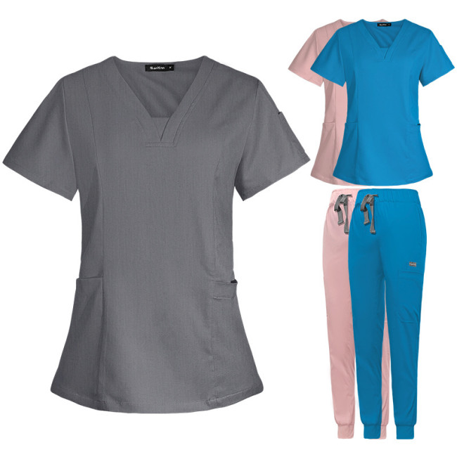 Wholesale of V-neck split surgical suit for women in factories, hospital brush hand clothing, elastic short sleeved nurse work clothes, printing