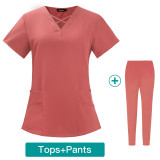 Foreign trade elastic quick drying work clothes doctor and nurse short sleeved summer thin comfortable and breathable hand wash clothes two-piece set