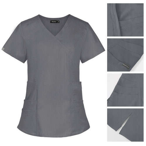 Multi functional pocket thin surgical gown with short sleeves, doctor and nurse V-neck work clothes, beauty salon nurse hand wash clothes