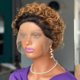 Highlight Brown Curly pixie cut lace wig human hair