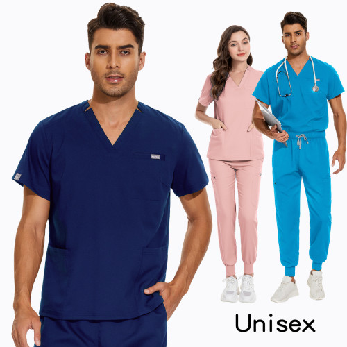 In stock large V-neck hospital nurse uniform set for women in Korean version, short sleeved, unisex doctor work clothes