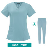 Foreign trade elastic quick drying work clothes doctor and nurse short sleeved summer thin comfortable and breathable hand wash clothes two-piece set